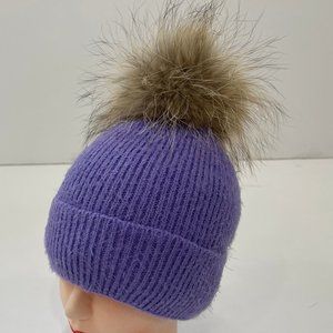 Knit Beanie Hat with Real Fox Fur Pom